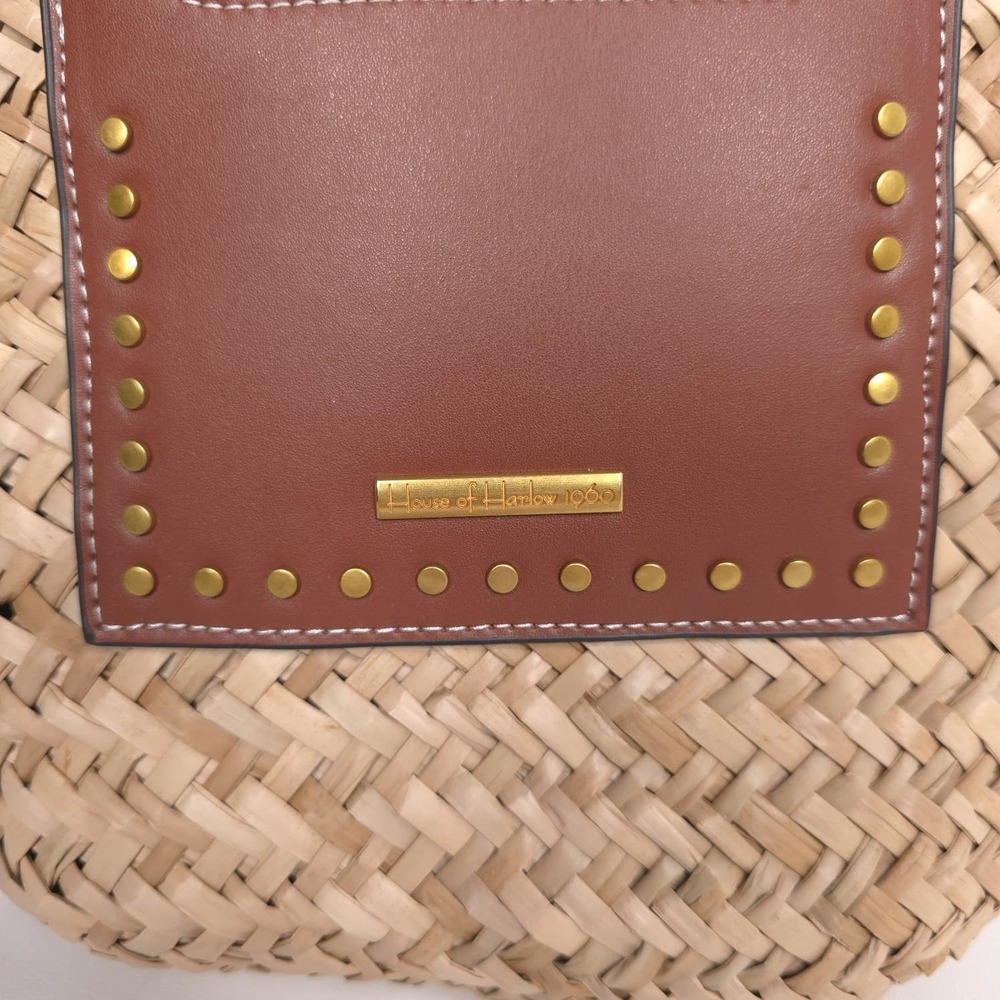 HOUSE OF HARLOW 1960 Women's Straw Tote Bag Studded Faux Leather Trim Top Handle - Picture 4 of 12